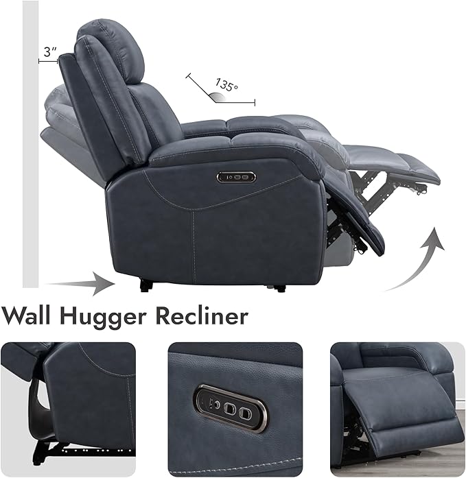 Watson & Whitely Genuine Leather Power Recliner Chairs for Adults, Wall Hugger RV Recliner with Power Headrest & Charging Ports, Electric Recliner Sofa Chair for Living Room, Navy