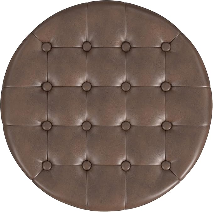 HomePop Home Decor | Upholstered Round Faux Leather Tufted Foot Rest Ottoman | Ottoman with Storage for Living Room & Bedroom | Decorative Home Furniture, Brown Faux Leather