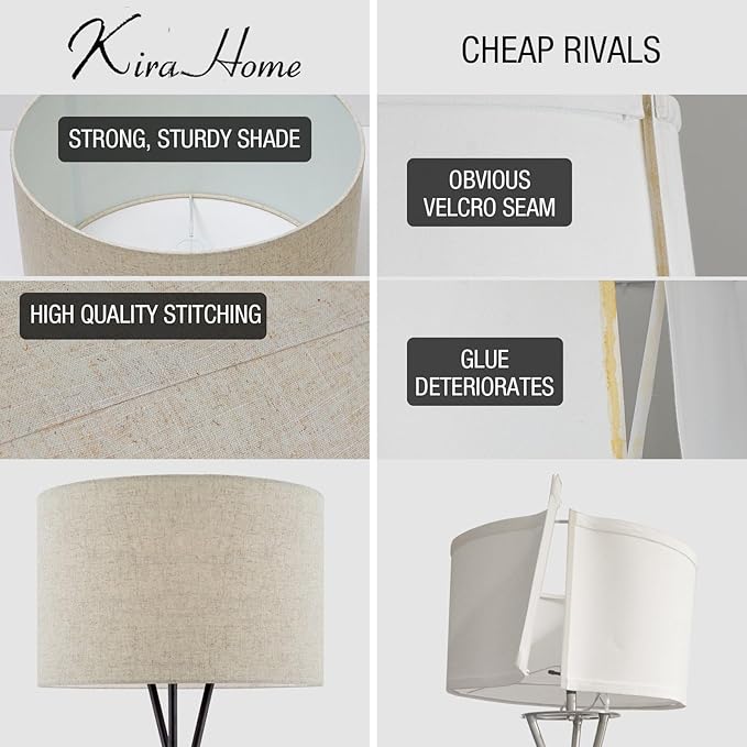 Kira Home Sadie 60" Modern Tripod LED Floor Lamp + 9W Bulb (Energy Efficient/Eco-Friendly), Honey Beige Drum Shade, Oil Rubbed Bronze Finish