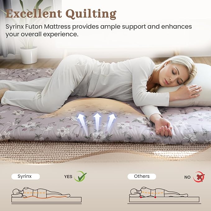 Syrinx Japanese Floor Futon Mattress, Foldable Tatami Sleeping Pad for Adults & Kids, Roll-Up Floor Bed or Bench Cushion