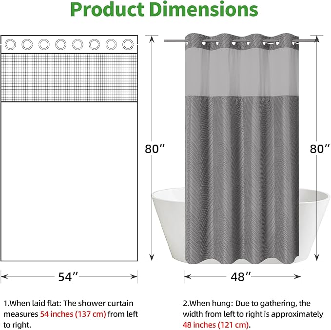 stall no Hook Tufted Shower Curtain with snap in Liner Set, White Waterproof Fabric Inner Liner,Boho Style Shower Curtain with See Through top Window, WarmGrey, 54Wx80H