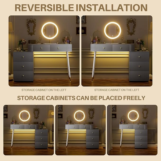 WinZo 36" Vanity Desk with Mirror and 3 Light Modes, Dressing Table Set with 5 Sliding Drawers, Makeup Desk with Charging Station, Modern Vanity for Small Spaces & Bedroom, Gray