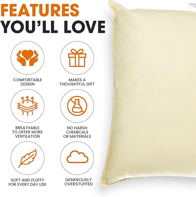 Cheer Collection Set of 2 Organic Kapok Bed Pillows, Natural Kapok Fiber Filled Sleeping Pillows with Breathable Cotton Shell, Standard Size, 20 x 28 inches