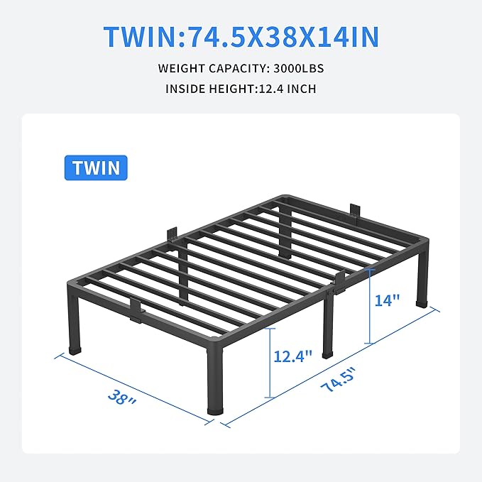 MAF 14 Inch Twin Metal Platform Bed Frame with Round Corner Legs, 3000 LBS Heavy Duty Steel Slats Support, Noise Free, No Box Spring Needed, Easy Assembly