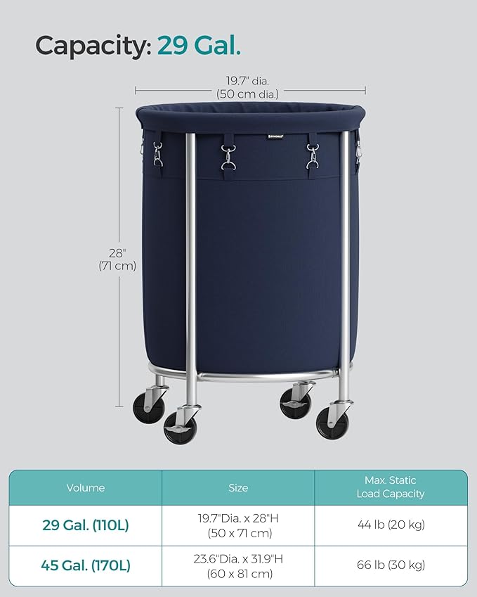 SONGMICS 29-Gallon (110 L) Laundry Basket with Wheels, Rolling Round Heavy-Duty Laundry Hamper Cart with Steel Frame and Removable Bag, 2 Locking Wheels, Charcoal Blue and Metallic Silver URLS002Q01