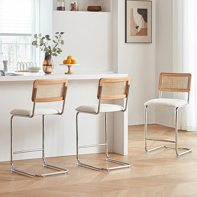 Natural Rattan Counter Height Stools Set of 3 with Solid Wood Back, 29 Inch Mid Century Modern Cesca Bar Stools, White Upholstery Boho Stool for Kitchen Counter with Chrome Metal Legs