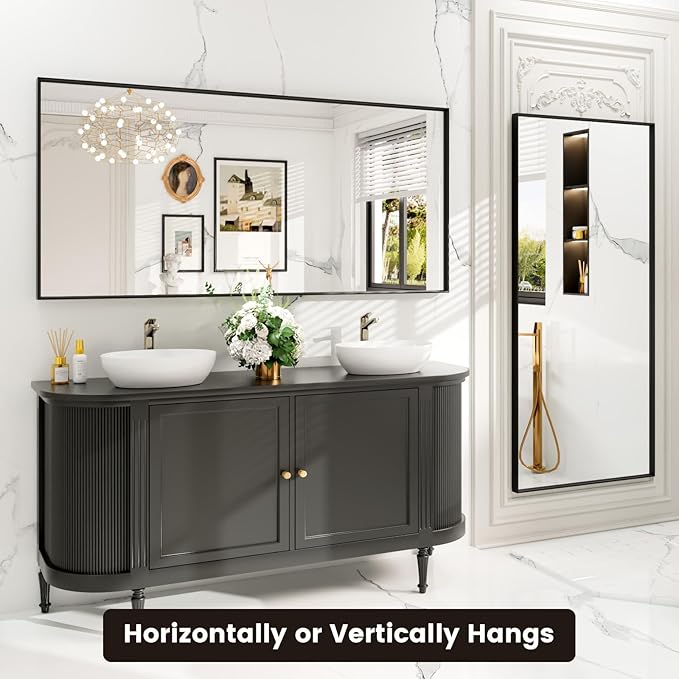 Bathroom Mirror Black,60x28 Inch Large Matte Black Bathroom Vanity Mirror,Rectangle, Square Corner, Anti-Rust,Shatter-Proof, Bedroom, Living Room, Entryway, Wall-Mounted(Horizontal/Vertical)