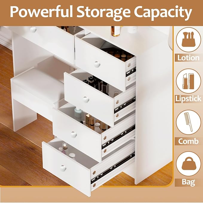 Vanity Desk with Mirror, 10 Lights, Makeup Table with 5 Drawers 6 Shelves, 3 Color Modes, Vanity Set with Chair for Bedroom, White