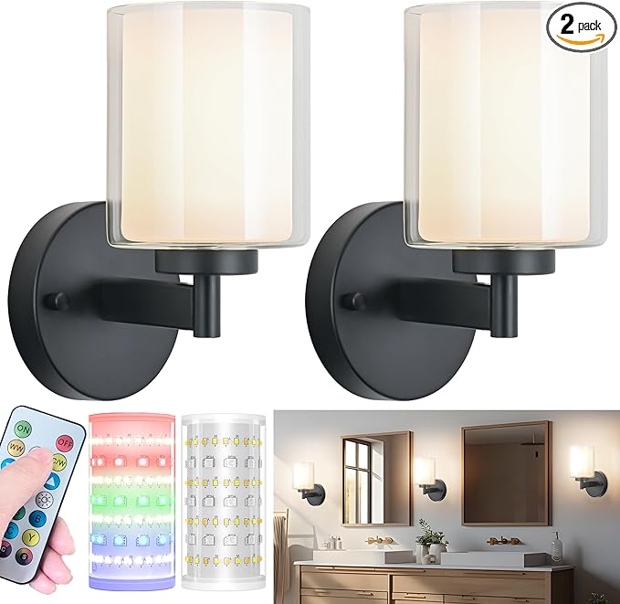Battery Operated Wall Sconce Set of 2, Wireless Wall Sconce with Remote,10000mAh Rechargeable RGB Dimmable Bathroom Light Fixtures with Double Clear Glass Shade NOT Hardwired