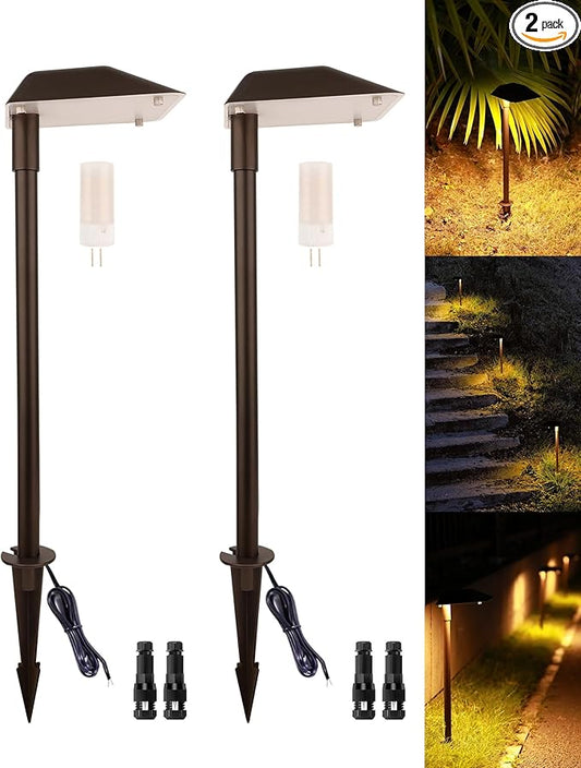 Landscape Path Lights Low Voltage, 2PK Bronze, Work with Replaceable 5W 3000K LED G4 Bulb and Connectors, 12V Wired Landscape Lighting for Outdoor Pathway Driveway Garden, Aluminum