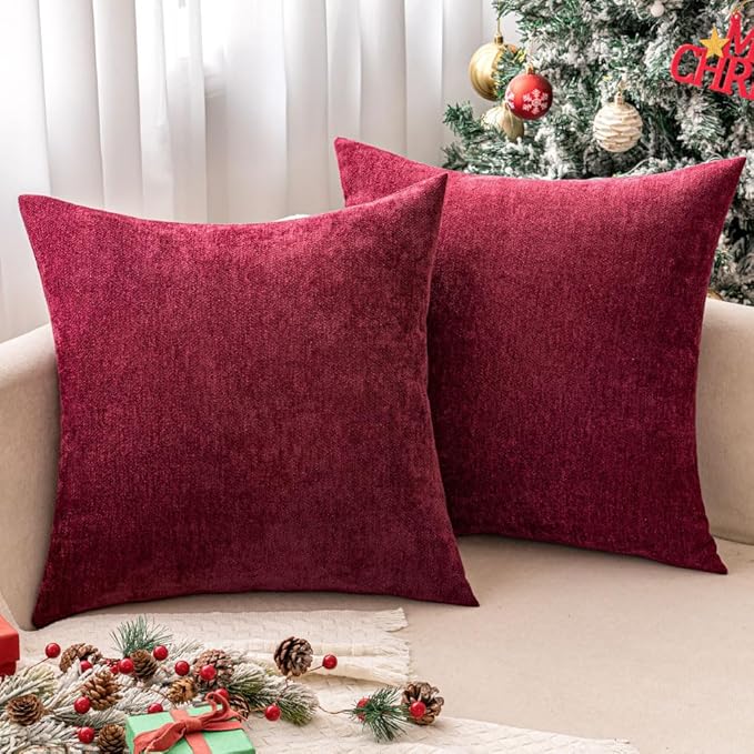 MIULEE Pack of 2 Burgundy Decorative Pillow Covers 20x20 Inch Soft Chenille Couch Throw Pillows Farmhouse Cushion Covers for Home Decor Sofa Bedroom Living Room
