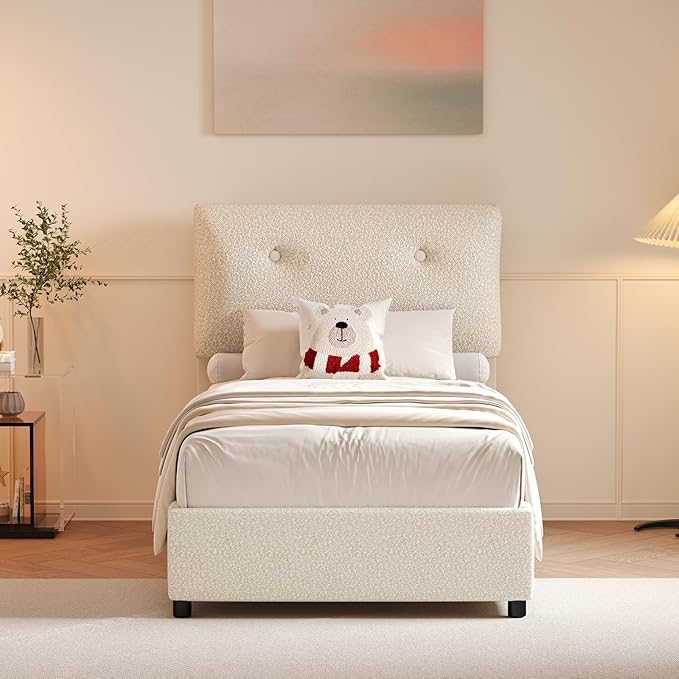 Twin Bed Frames,Breathable Boucle Fabric Upholstered Bed Frame Twin with Headboard,Removable and Washable,Wood Slat Support,No Box Spring Needed,Easy Assembly,Cama Individual,Beige