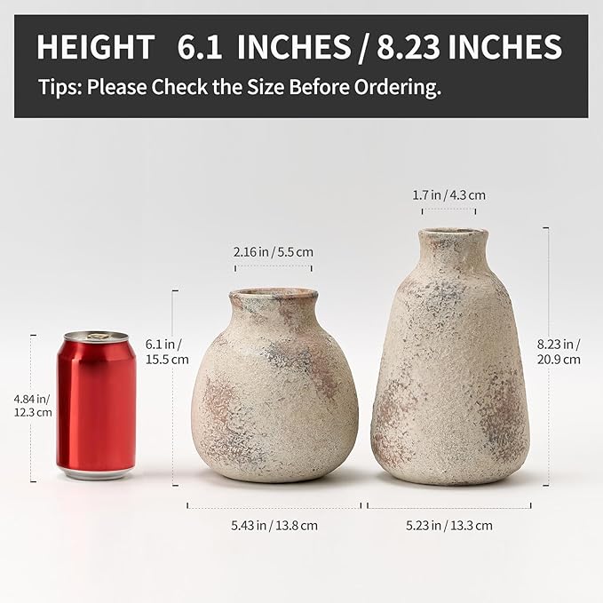 PORCER Ceramic Vase Set of 2 for Home Decor, Handcrafted Vintage Terracotta Vases, Rustic Farmhouse Decor, Minimalist Decorative Vase Set for Table Centerpiece Fireplace Nightstand Decoration - Brown