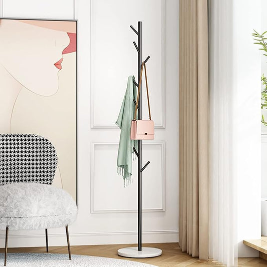Black Metal Coat Rack, Freestanding with Hooks, Entryway Coat Rack Stand, Coat Racks with Marble Base, Coat Tree for Hanging Clothes, Hats, Bags