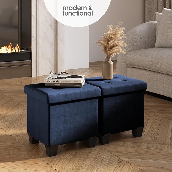 STORAGEBUD Storage Ottoman Cube with Small Bin, 15-in Square Ottoman with Storage for Living Room and Bedroom, Small Ottomans Foot Rest, Velvet Foot Stools Ottomans Max 330lbs, Blue