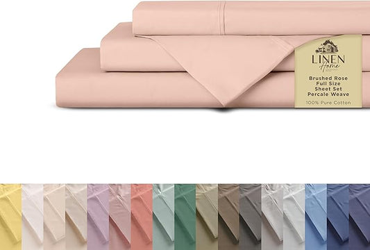 Linen Home 100% Cotton Percale Sheets Full Size, Brushed Rose, Deep Pocket, 4 Pieces Set - 1 Flat, 1 Deep Pocket Fitted Sheet and 2 Pillowcases, Crisp Cool and Strong Bed Linen