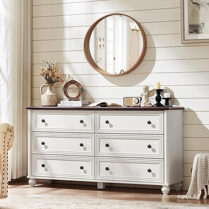 Farmhouse Dressers & Night Stand Set of 3, Wood 54" Wide 6 Drawer Dresser & 43.5"Tall Chest of Drawers, 18" with Charging Station Nightstand, Bedroom Furniture Dresser Set for Home Living Room Hallway