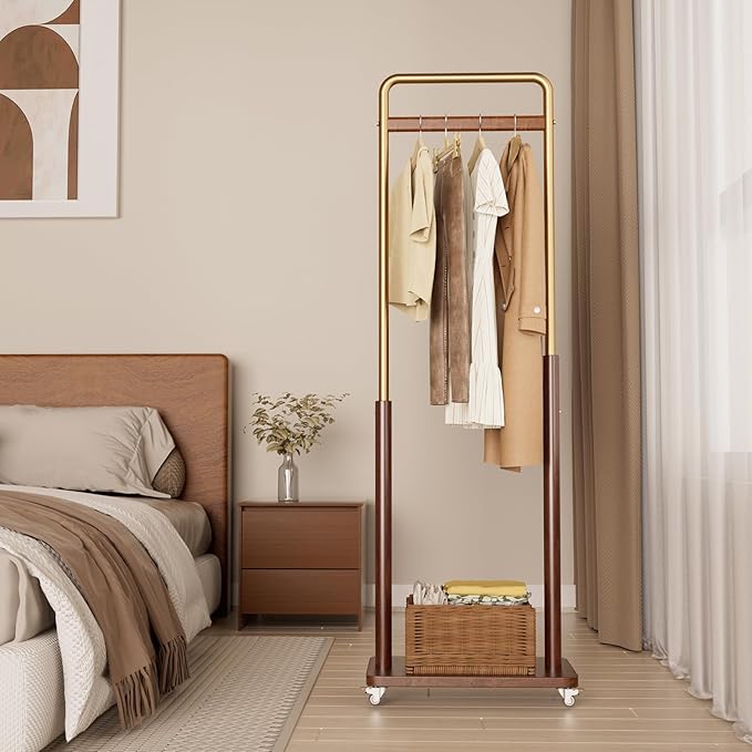 Clothes Rack Solid Wood Coat Rack, Metal and Solid Wood Combination Clothing Rack with Wheels for Entryway, Bedroom, Living Room, Coat Racks Freestanding for Hanging Clothes Garment Scarf