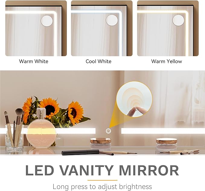 DWVO Vanity Desk with Large Mirror, 10-Drawer Glass Top Makeup Vanity, 3-Mode LED Lighting, Charging Ports and Stool