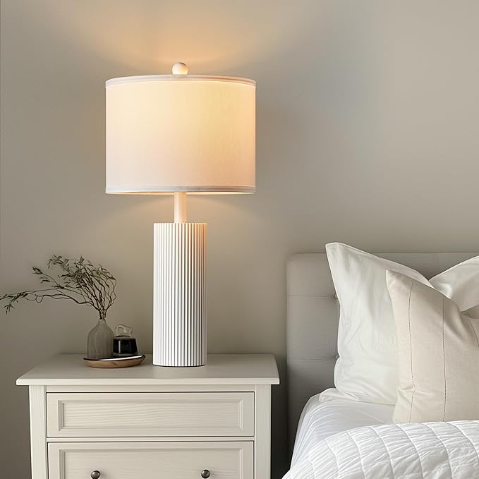 24.5" White Lamps Set of 2, Modern Table Lamps for Living Room with USB C+A Ports, Creative Stripe Touch Lamps for Nightstand, 2 Bulbs Included