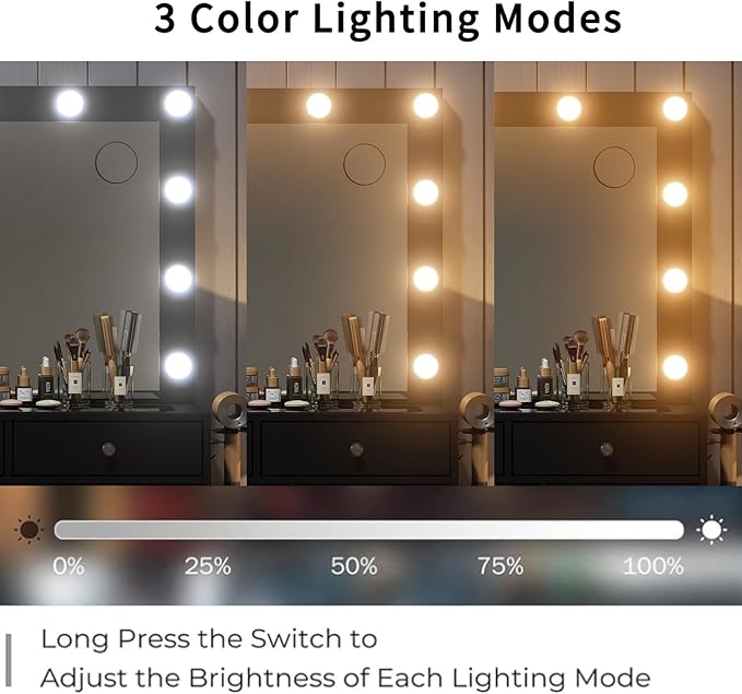 Vanity Desk with Power Outlet, Makeup Vanity with Lighted Mirror, 3 Lighting Modes Adjustable, 9 Drawers Vanity Set with Fold-up Panel, Glass Top, Vanity Table with Chair for Bedroom, Black