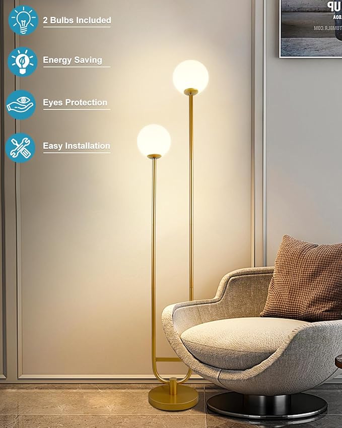Lightdot 63IN Gold Floor Lamp with U Pole, 2 Globe Mid Century Standing Lamps with Warm White LED Bulbs, Unique Vintage Tall Floor Lamp for Living Room/Wedding/Party