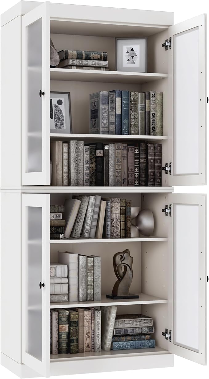 Palace Imports Solid Wood Bookcase - 6-Tier Floor Standing Bookshelf, 71.5" Tall Storage Shelf, 32” Wide - White, Frosted Glass Doors for Living Room, Renewable 100% Eco-Friendly Wood, Made in Brazil