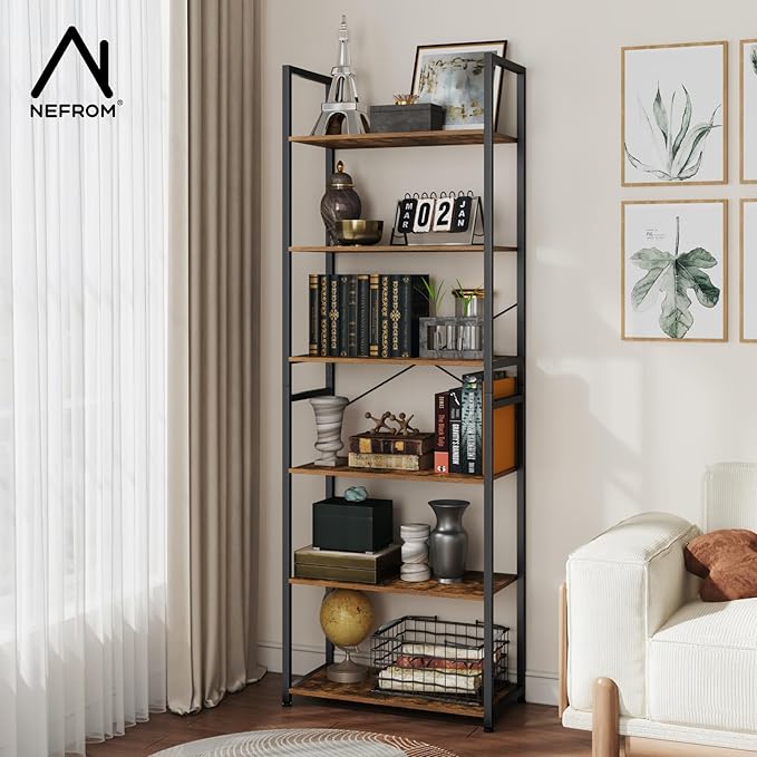 Book Shelf, Adjustable 6-Tier Tall Bookshelf, Wooden Bookcase Shelves for Bedroom, Living Room, Display Shelf for Home, Office, Kitchen, Standing Shelving Unit Storage Organizer BC-BR-6