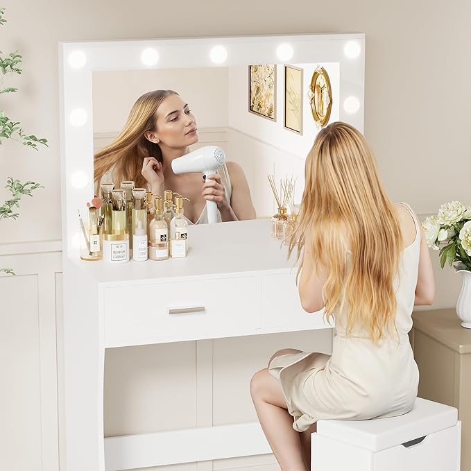 YESHOMY Vanity Desk with Mirror, Makeup Table with 11 Adjustable Lights and 2 Spacious Drawers, Soft-Padded Storage Stool, 3 Lighting Modes with Control, for Bedroom, Pure White