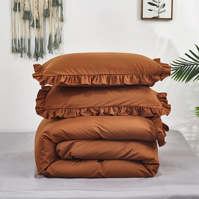 Luxlovery Ruffle Pumpkin Comforter Set King Farmhouse Rust Terracotta Bedding Comforter Set Shabby Boho Solid Cotton Blanket Quilts Vintage Rustic Pumpkin Bedding Set for King Bed