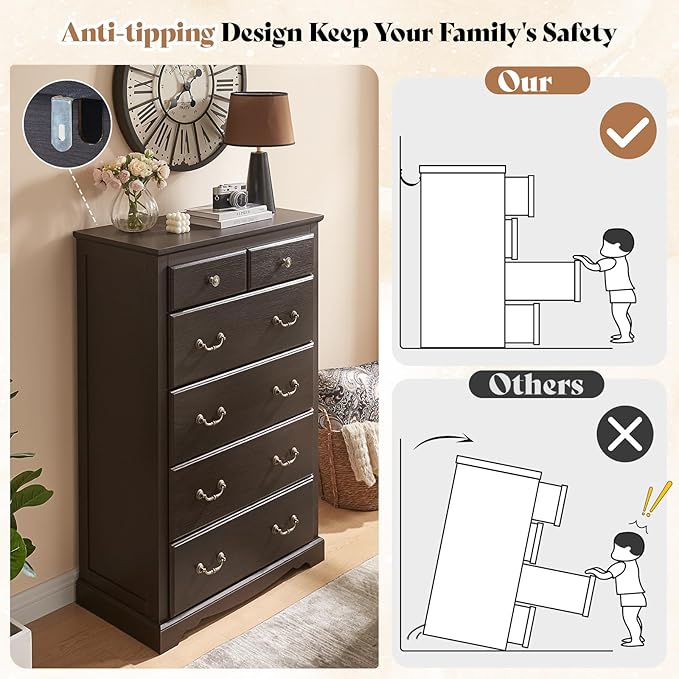 AMERLIFE Farmhouse 6 Drawers Dresser for Bedroom, Wood Antique Chest of Drawers with Metal Handle, Tall Dresser Organizer for Hallway, Entryway, Espresso