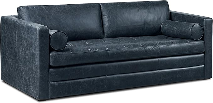 POLY & BARK Napa 82" Leather Pull-Out Convertible Sleeper Sofa in Midnight Blue