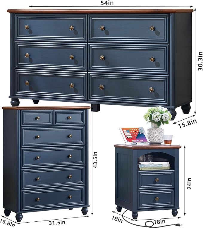 Farmhouse Dressers & Night Stand Set of 3, Wood 54" Wide 6 Drawer Dresser & 43.5"Tall Chest of Drawers, 18" with Charging Station Nightstand, Bedroom Furniture Dresser Set for Home Living Room Hallway