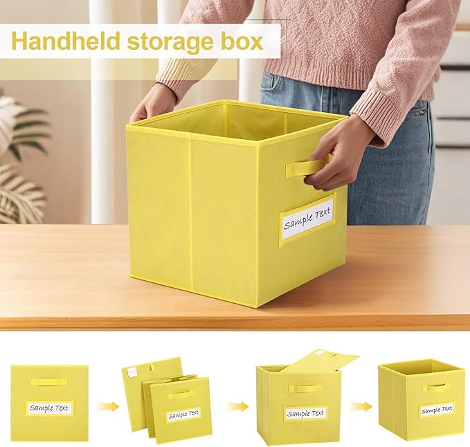 artsdi 13x13 storage cube bins (Set of 10) Foldable Fabric storage cubes with 10 Labels Window Cards & a Pen,13 inch cube storage bins,Closet Organizers for Shelves,Cubby Organizer Boxes,Dark Yellow