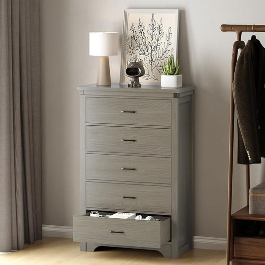 Farmhouse 5 Drawer Dresser for Bedroom, 47" Tall Chest of Drawers, Wood White Dresser with Deep Drawers, Storage Dressers Organizer for Bedroom, Living Room, Hallay, Grey