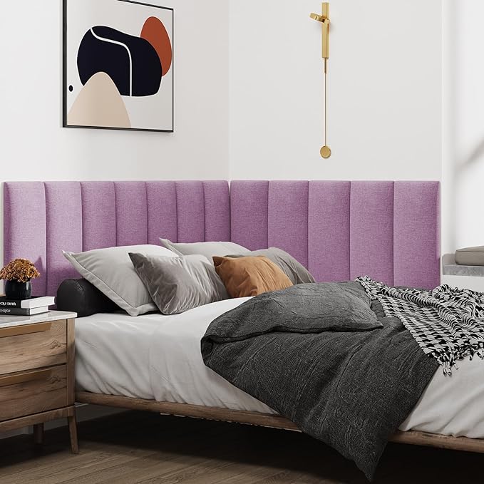 IFNOW Upholstered Wall Mounted Headboard, 3D Soundproof Wall Panels Peel and Stick for Queen Size, Reusable and Removable Tufted Bed Headboard in Violet (9 Panels, 10" x 24")