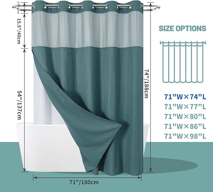 SeawedGreen No Hook Waffle Weave Shower Curtain with snap-in Liner Replacement, 230GSM Waterproof Fabric Hotel Shower Curtain Set for Bathroom, Through Mesh Top Window,71Wx74H