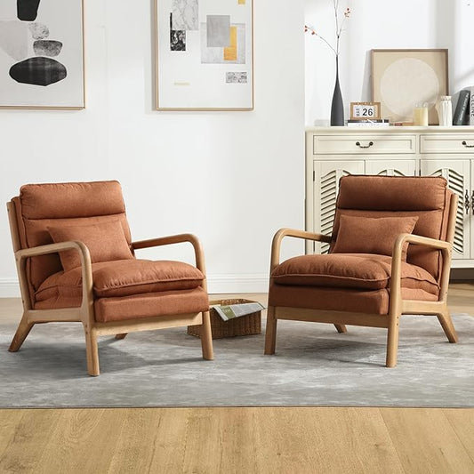 INZOY Accent Chairs Set of 2, Mid Century Modern Accent Chair with Wood Frame, Upholstered Reading Armchair with Waist Cushion, Side Chair for Living Room Bedroom Office, Easy Assembly, Brown