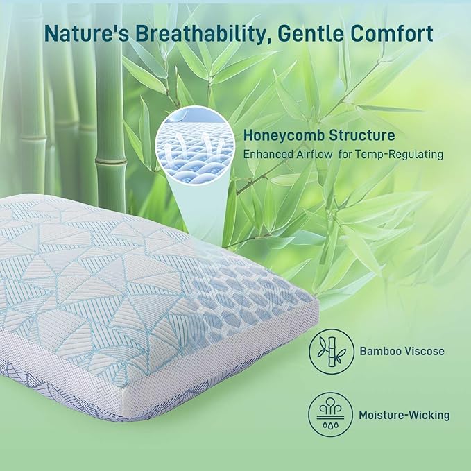 Shredded Memory Foam Cooling Soft Bamboo Viscose Pillow Queen Size, Adjustable Hypoallergenic Hotel Quality Bed Pillow for Side, Stomach or Back Sleeper, Oeko-TEX Certified