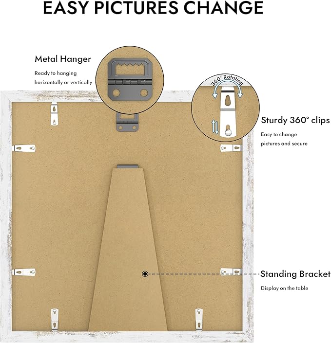 12x12 Picture Frame with Real Glass - 8x8 Wooden Frame with Mat, Horizontal and Vertical Display for Wall or Tabletop (Distressed White, 1 Pack)