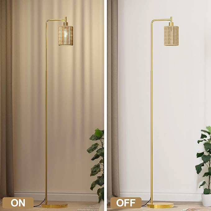 Oneach 66" Gold Floor Lamp for Living Room, Boho Floor Lamp with LED Bulb, Foot Switch, Rattan Shade, Industrial Tall Farmhouse Standing Lamp for Bedroom, Dining Room, Study Room, Office