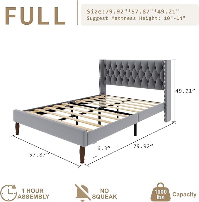 Full Size Velvet Upholstered Bed Frame, 49.2" Tall Wingback Headboard, Deep Button Tufted, No Box Spring Needed, Solid Wood Legs, Grey