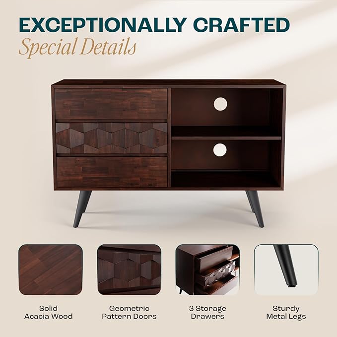 Bme Georgina 45 Inch Solid Wood TV Stand, Under 10 Minutes Assembly Entertainment Center with Storage, Geometric Pattern TV Console for Living Room, Bedroom, Dinning Room - Walnut