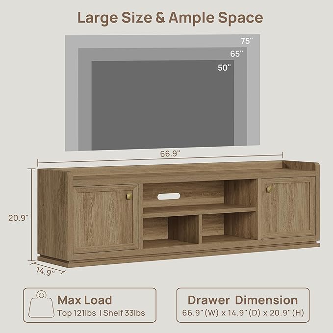 SICOTAS TV Stand Entertainment Center - 67" TV Console for Living Room Modern TV Stand for Bedroom, Media Console with Shelf and Cabinet, Entertainment Stand for TVs up to 65 75 Inch(Brown Oak)