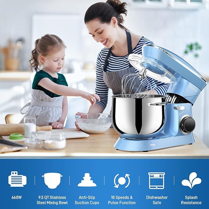 9.5 Qt Stand Mixer, 10-Speed Tilt-Head Food Mixer, Vezzio 660W Kitchen Electric Mixer with Stainless Steel Bowl, Dishwasher-Safe Attachments for Most Home Cooks(Blue)