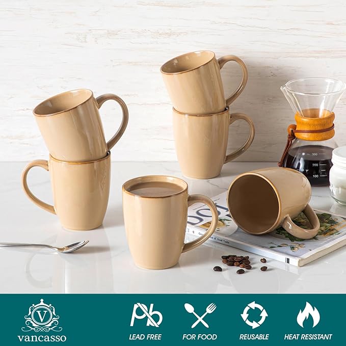 vancasso PLAYA Ceramic Coffee Mug Set of 6, 16 Oz Tea Cups with Handle for Latte, Tea, Cappuccino, Milk, Cocoa, Microwave&Dishwasher Safe, Brown