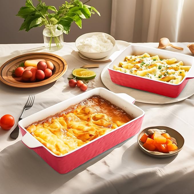 Casserole Dishes for Oven, Ceramic Baking Dishes, Lasagna Pan with Handles, Porcelain Baking Pan Deep, Bakeware for Baking, Cooking, Wedding Gift, Set of 3 (11.6" x 7.8", Red)
