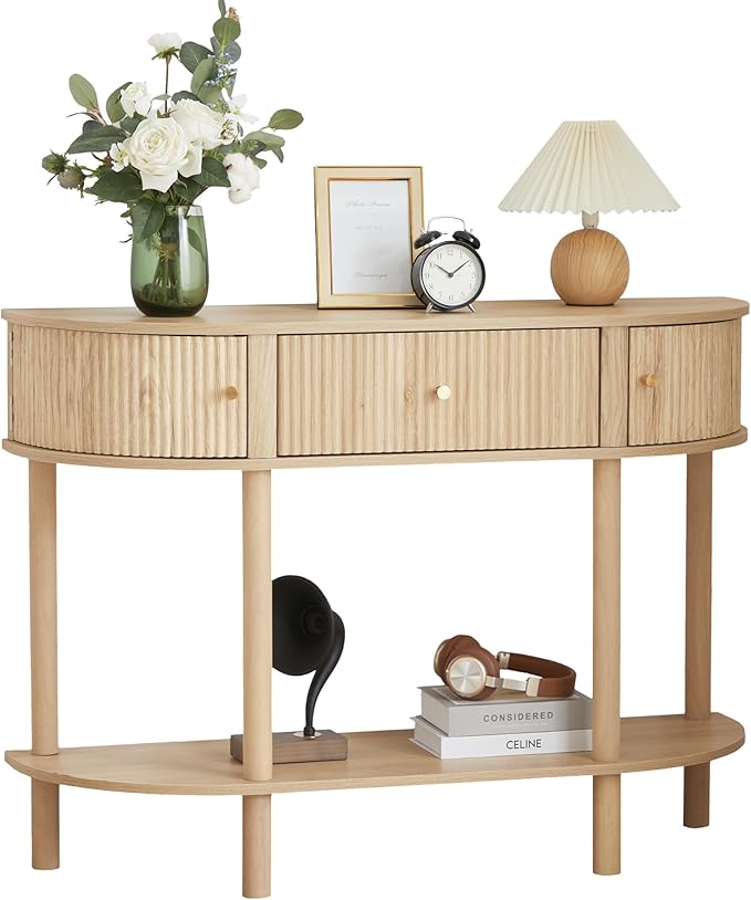 43.3“ Fluted Half Moon Console Table, Modern Entryway Console Sofa Table with Storage, Narrow Wood Accent Tables Behind Couch Tables for Living Room, Hallway, Foyer(Natural)