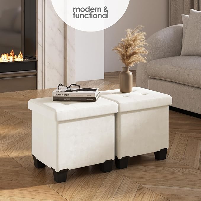 STORAGEBUD Storage Ottoman Cube with Small Bin, 15-in Square Ottoman with Storage for Living Room and Bedroom, Small Ottomans Foot Rest, Velvet Foot Stools Ottomans Max 330lbs, Cream