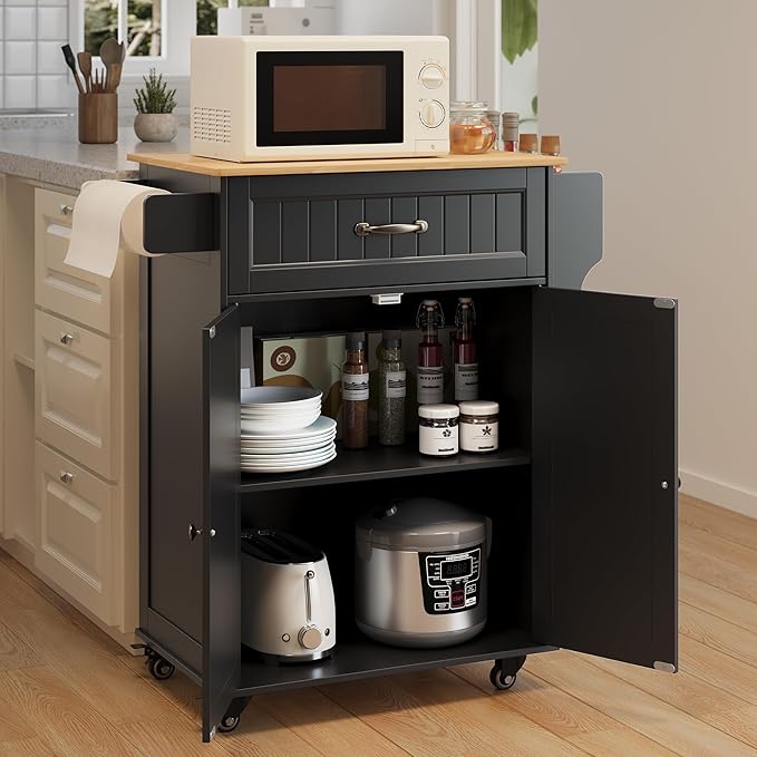 Gizoon Kitchen Island Cart with Rubberwood Top, 33" W Rolling Kitchen Island on Wheels with Adjustable Shelf, Drawer, Spice Rack, Towel Bar, Mobile Storage Cabinet for Dining Room, Home Bar, Black